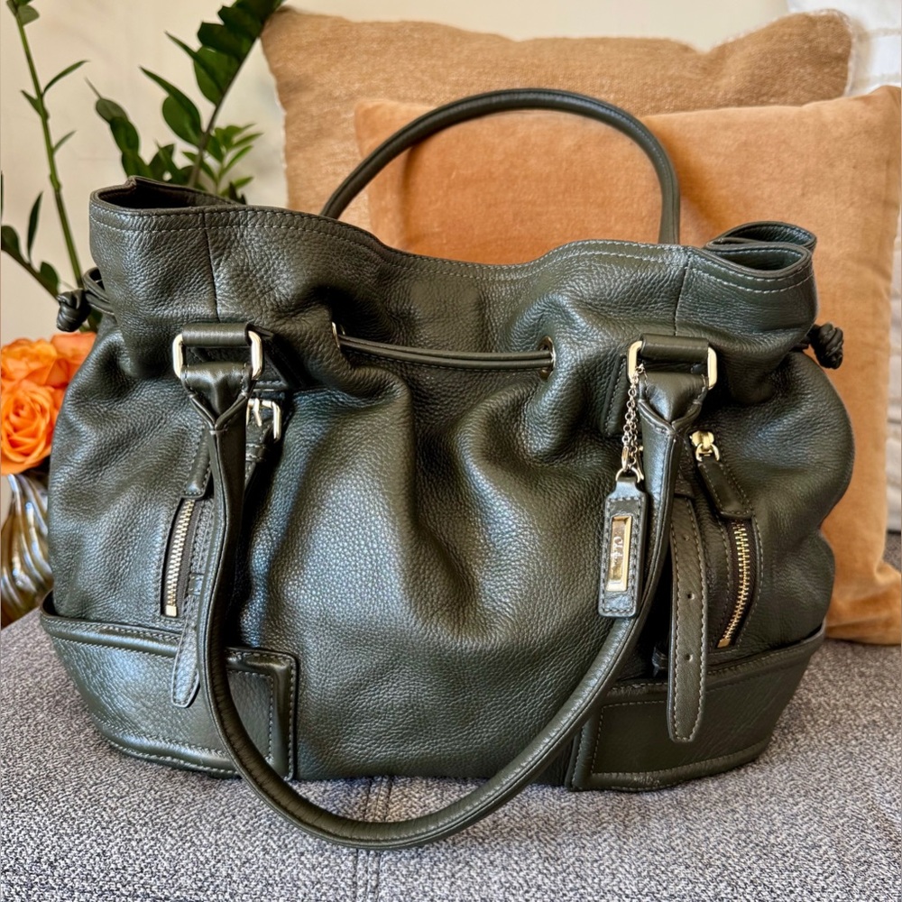Cole Haan Olive Green Pebbled Leather Shoulder Tote